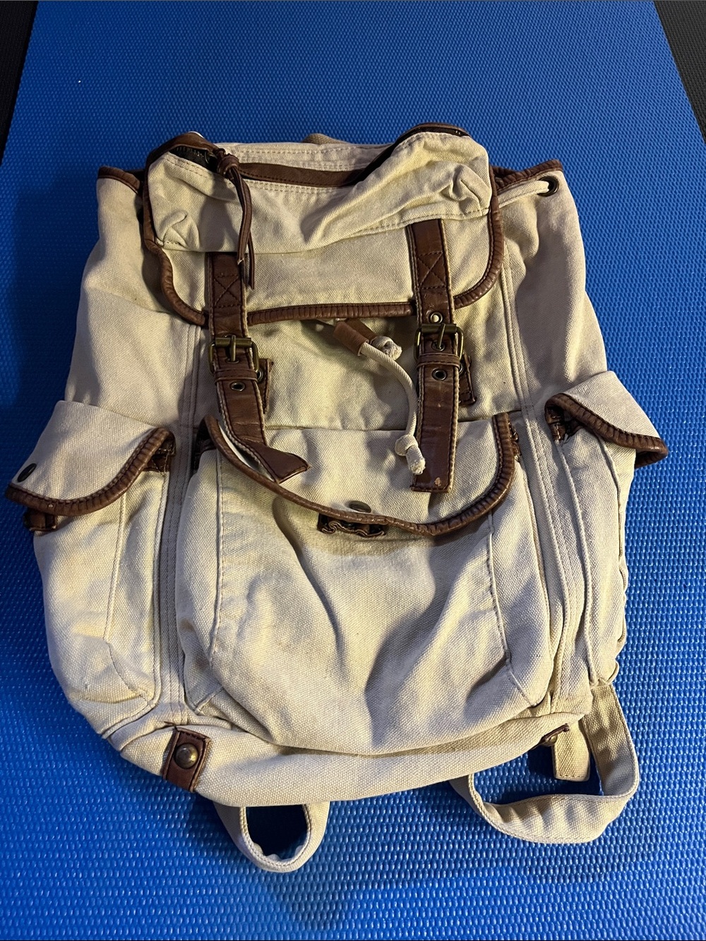 Urban Outfitters Cream Canvas Backpack with Brown Trim